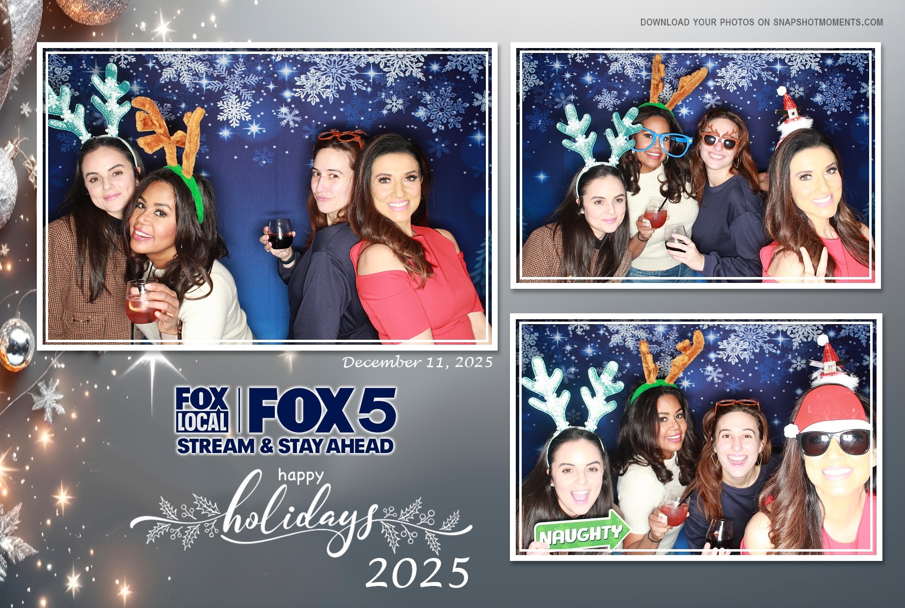 FOX5 holiday-party photo layout personalized with the company logo and 2025 holiday design