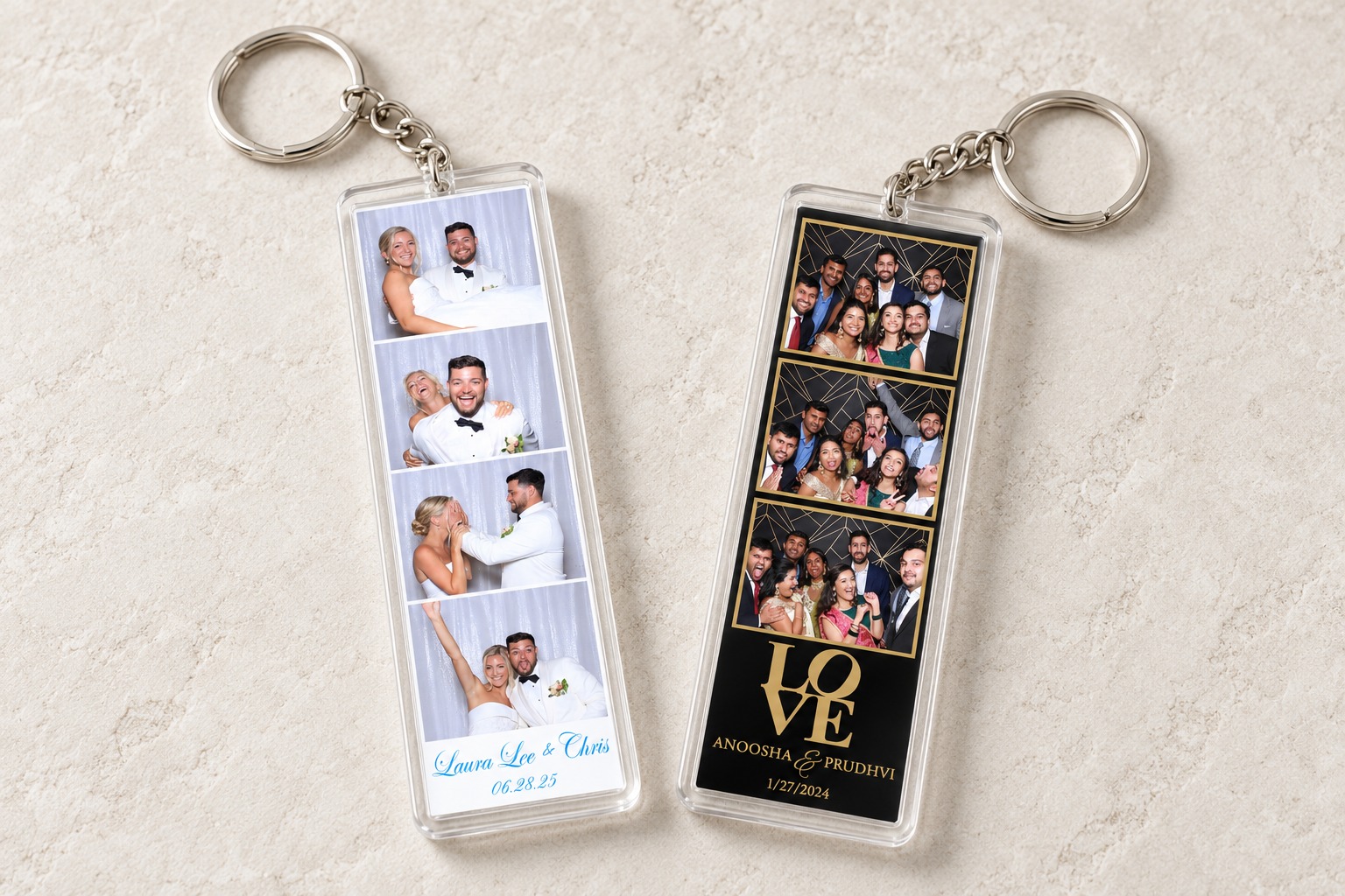 Concept display of acrylic photo strip keychains using personalized wedding strips