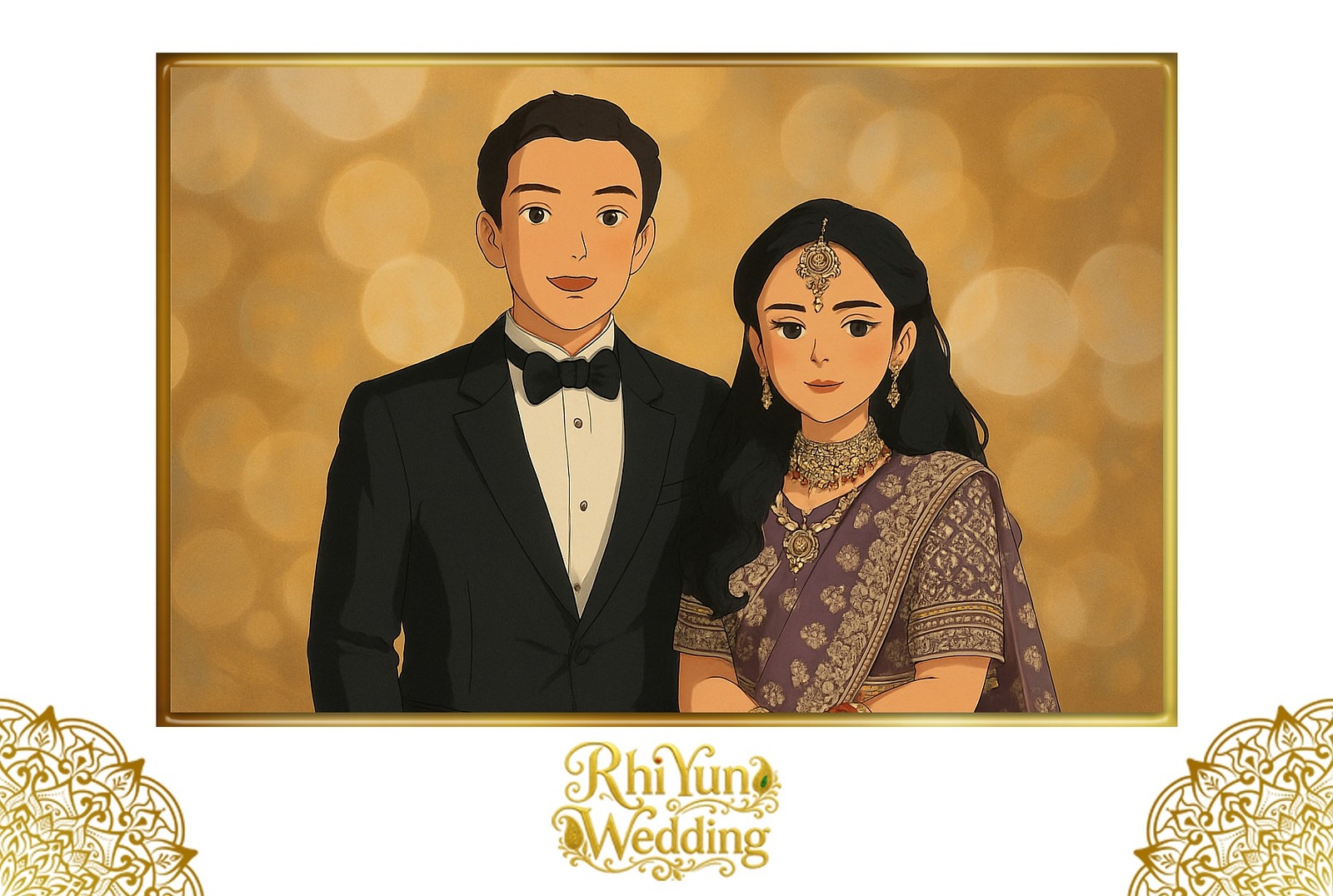 AI Reimagined illustrated portrait with the personalized RhiYun Wedding design