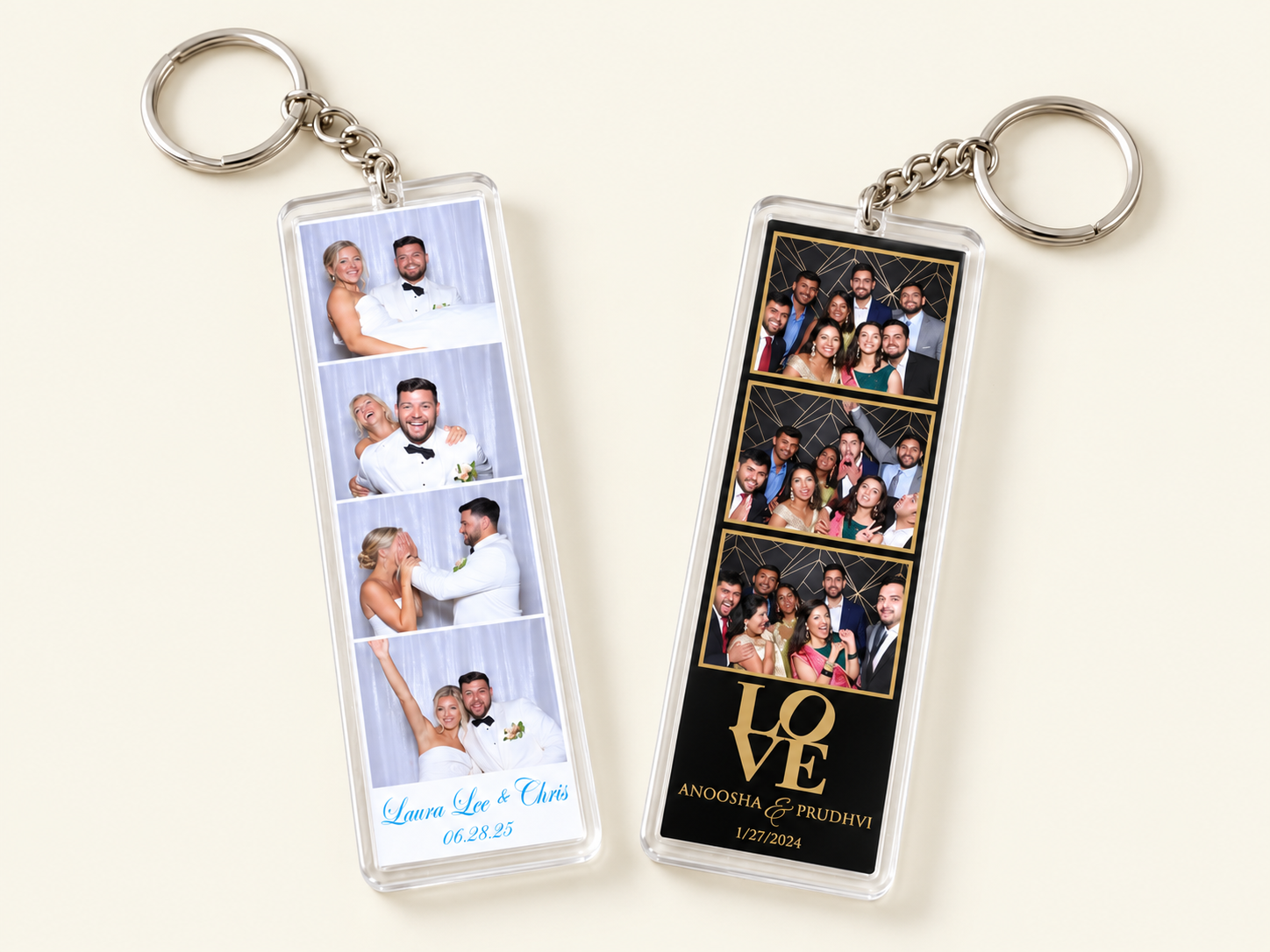 Two clear acrylic photo-strip keychain styling concepts for weddings