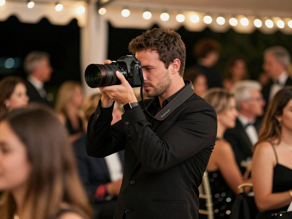 Editorial concept of a photographer capturing guests at a reception