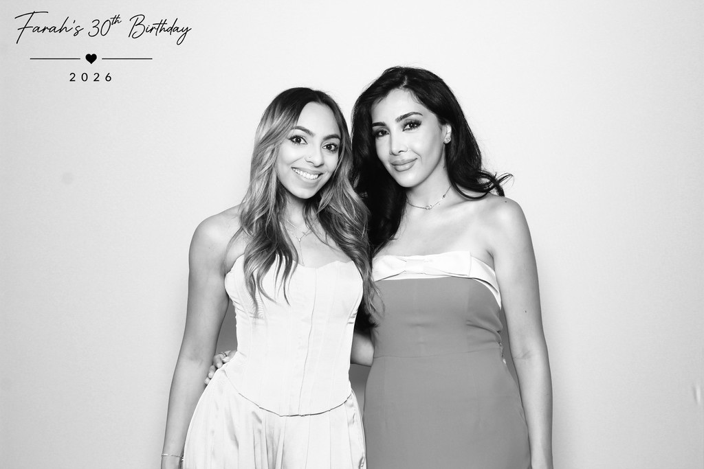 Real black-and-white Glam Booth portrait from Farah’s birthday celebration