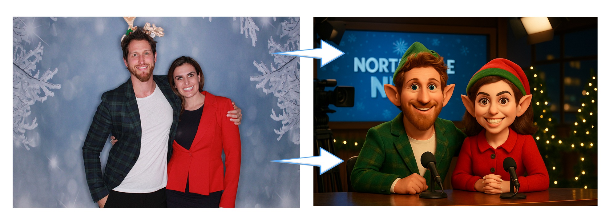 FOX team photo and its custom elf-newscaster AI transformation