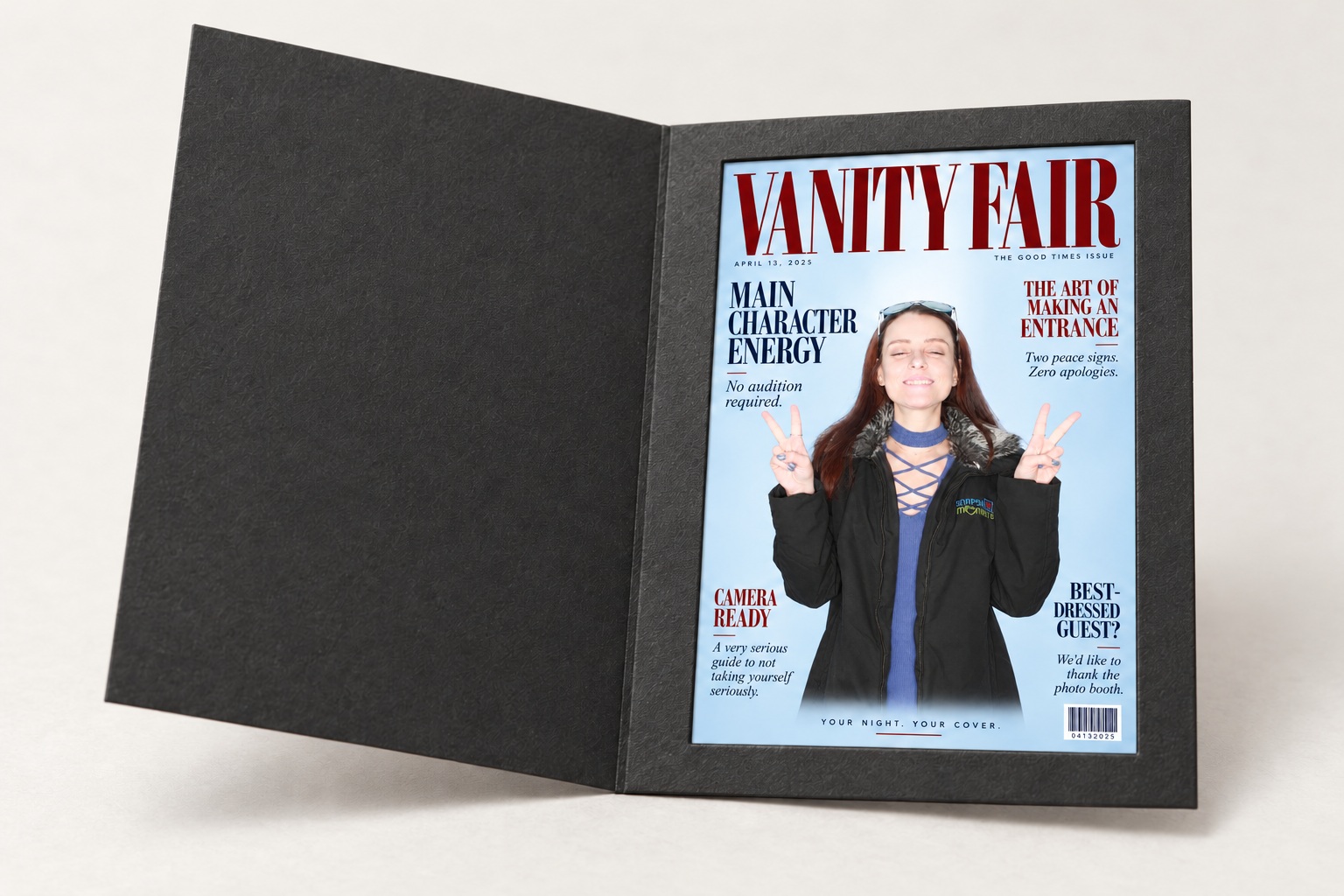 Optional charcoal folder-frame concept holding a magazine-style 4x6 print