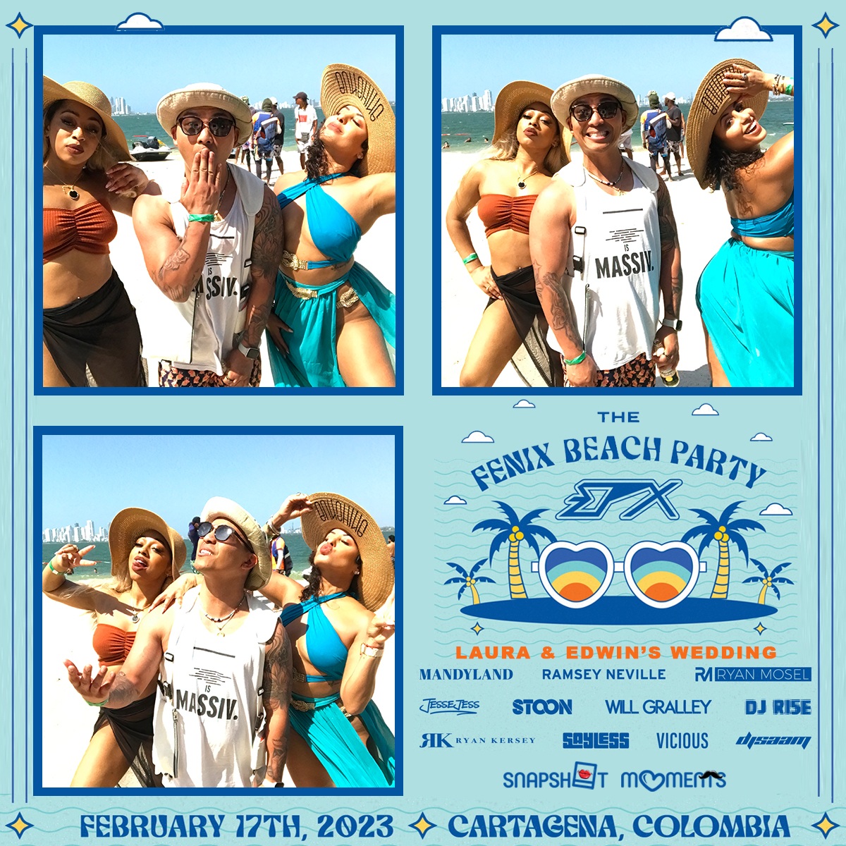 Real four-panel beach-party digital photo design for Laura and Edwin