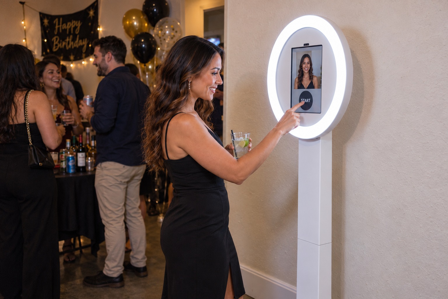 Selfie booth styling concept: a guest tapping the portrait touchscreen inside the illuminated ring