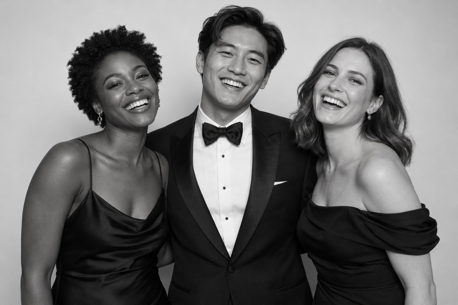 Illustrative concept of three friends in an elegant monochrome group portrait