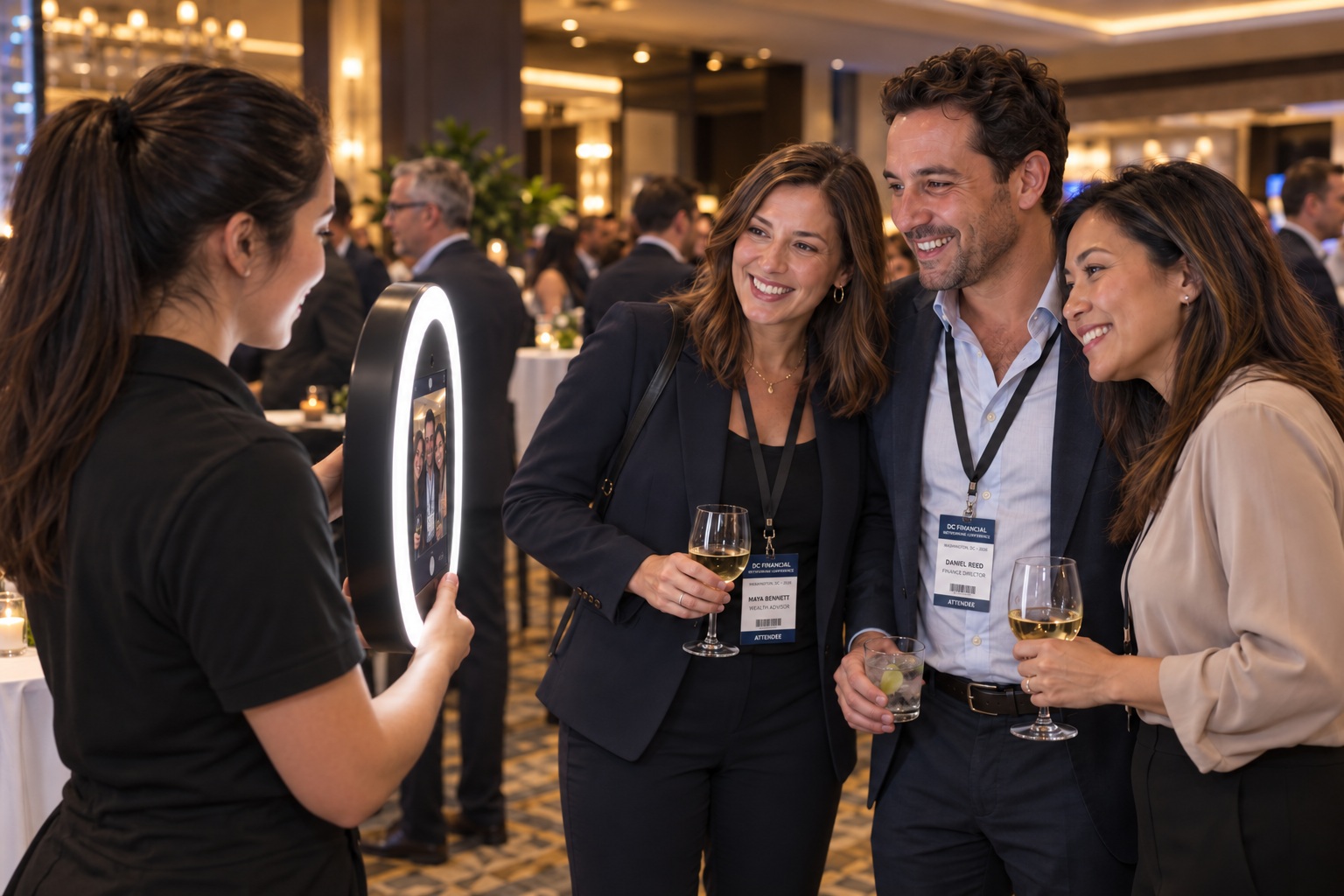 Corporate networking concept: attendant aims the roaming booth toward conference guests wearing badges